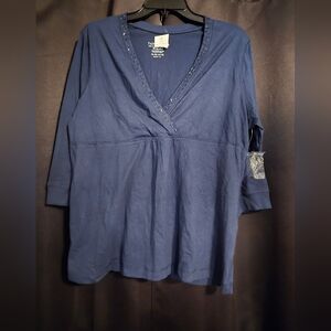 Faded Glory Blue Organic Cotton V-Neck Top | 3/4 Sleeve Relaxed Fit | Women’s XL